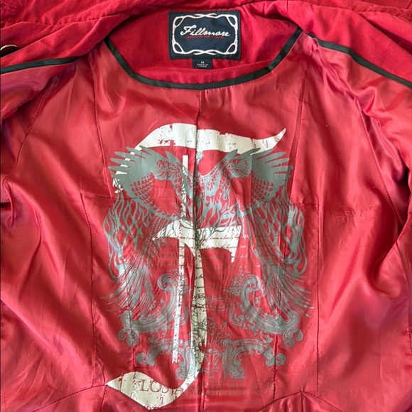 Vintage Red Denim Double Breasted Military Trench Coat Millard Fillmore Rock LA - Picture 6 of 10